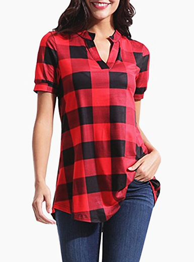 Women's Short Sleeved Windowpane Check Plaid Top - Vee Neck Opening